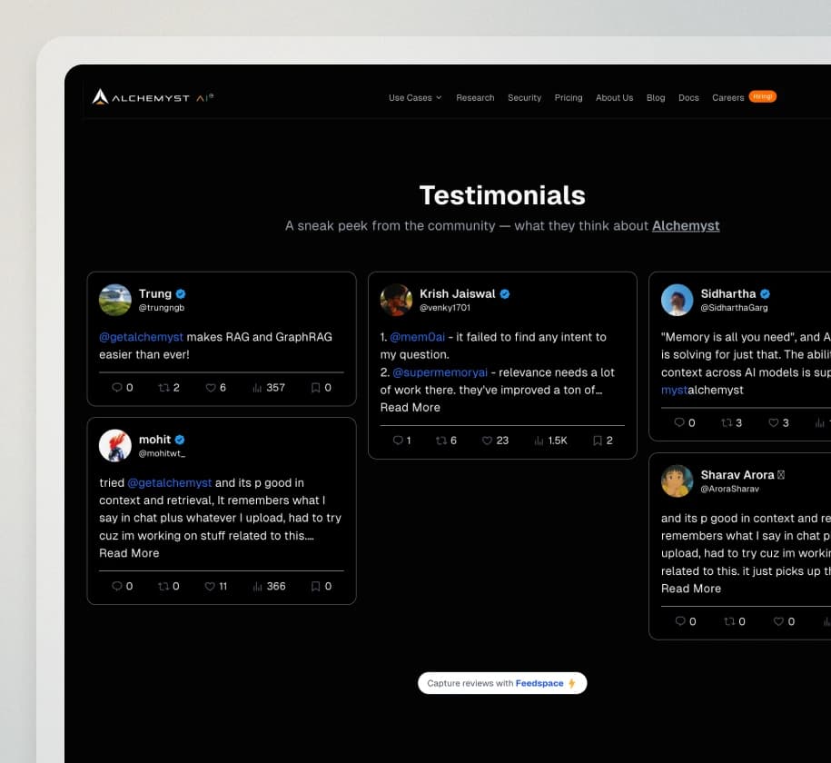 Alchemyst AI website using Feedspace widgets