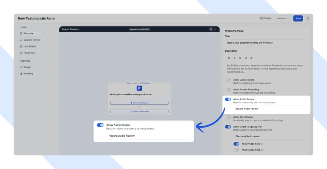 Add information, enable audio recording, and save your audio feed form