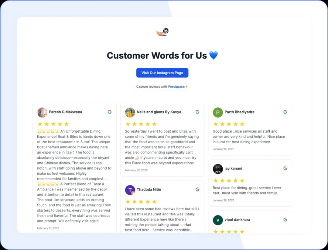 Customer reviews displayed on Boat & Bites Wall of Love