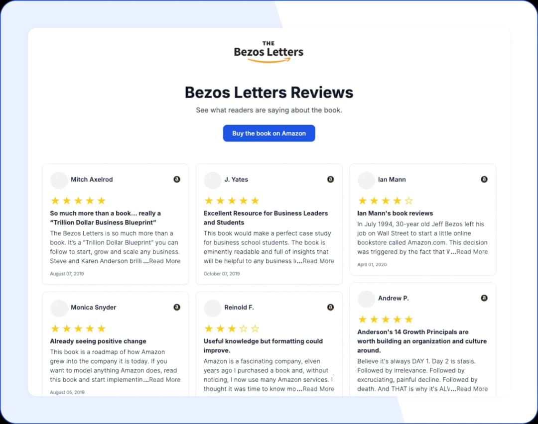 Wall of Love showcasing Steve Anderson’s Amazon and Goodreads reviews