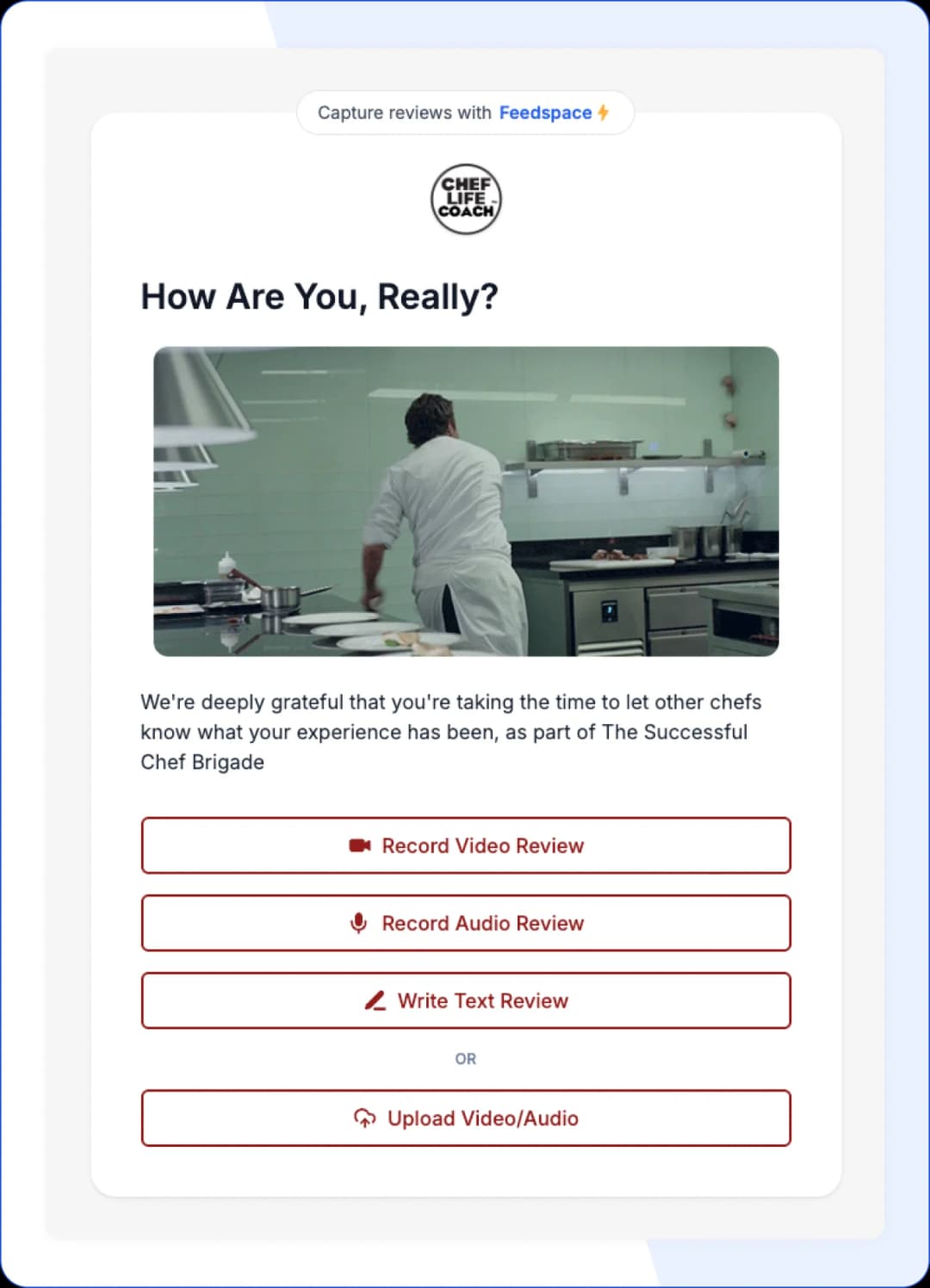 Chef Life Media testimonial form with Feedspace