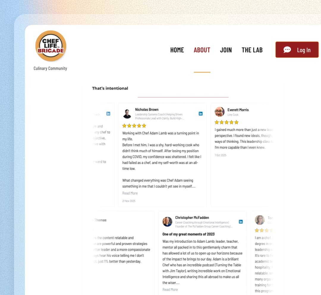 The Chef Life Brigade website using Feedspace widgets