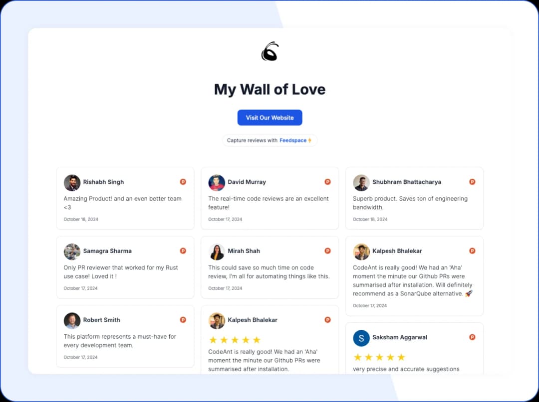 CodeAnt AI Wall of Love showcasing authentic user testimonials
