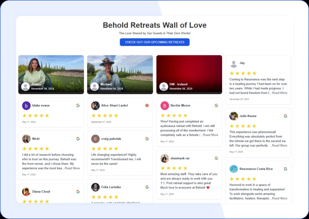 Wall of Love displaying top customer feedback and reviews