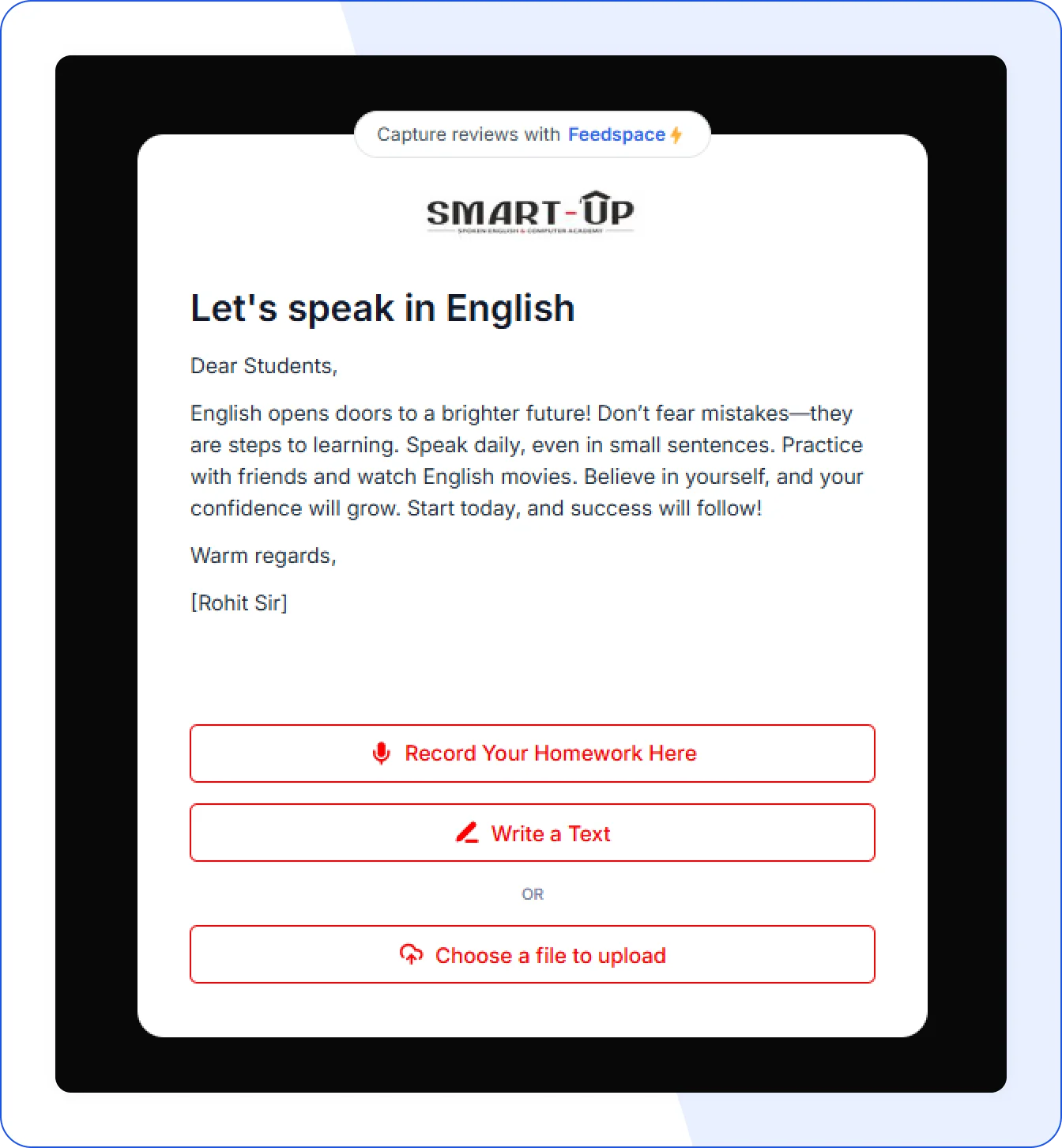 Smart Up Academy using Feedspace form to collect assignments