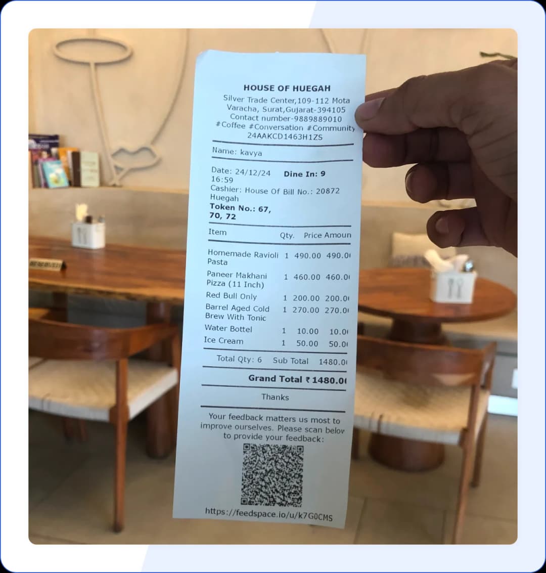 House of Huegah Cafe incorporated Feedspace QR code on their bills to collect feedbacks
