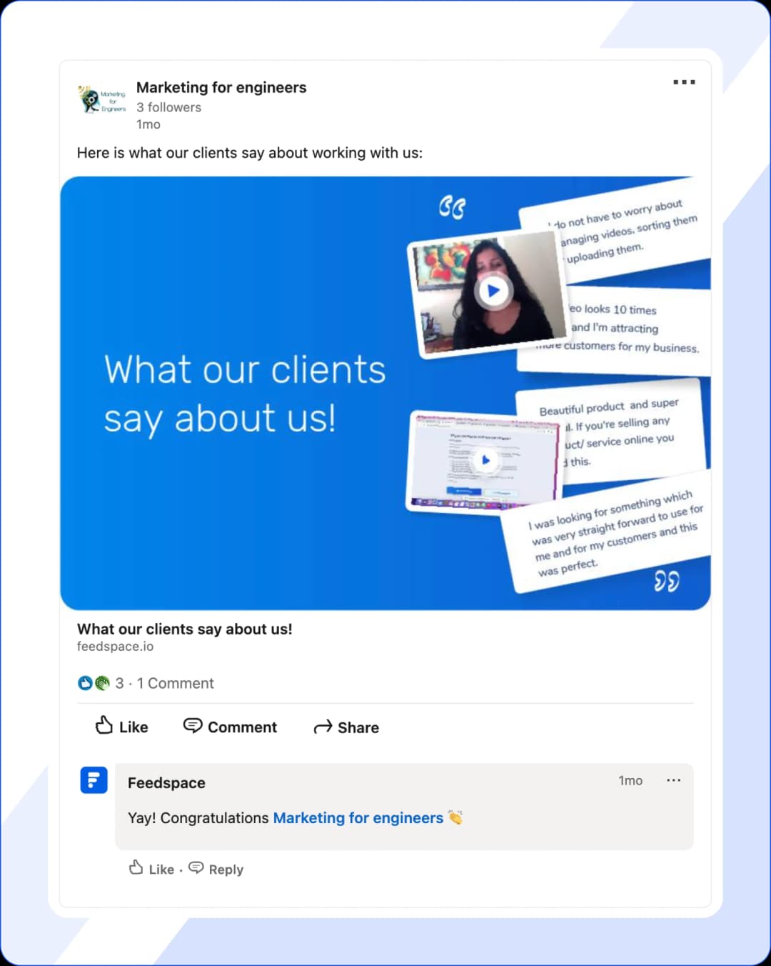 Client sharing testimonial stories on LinkedIn