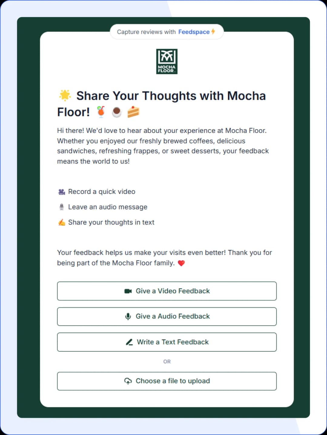 Mocha Floor using feedspace form to collect reviews