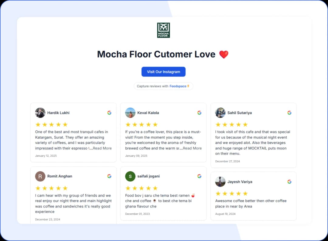 Mocha Floor created beautiful wall of love with customer reviews using feedspace