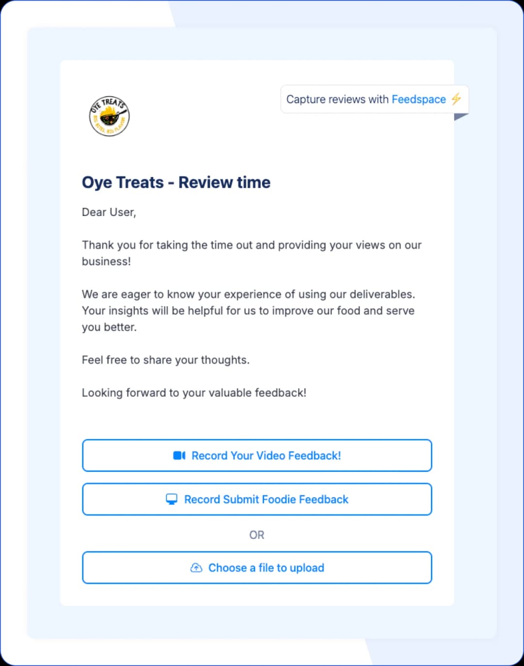Oyo Treats feedback form for collecting customer reviews and testimonials