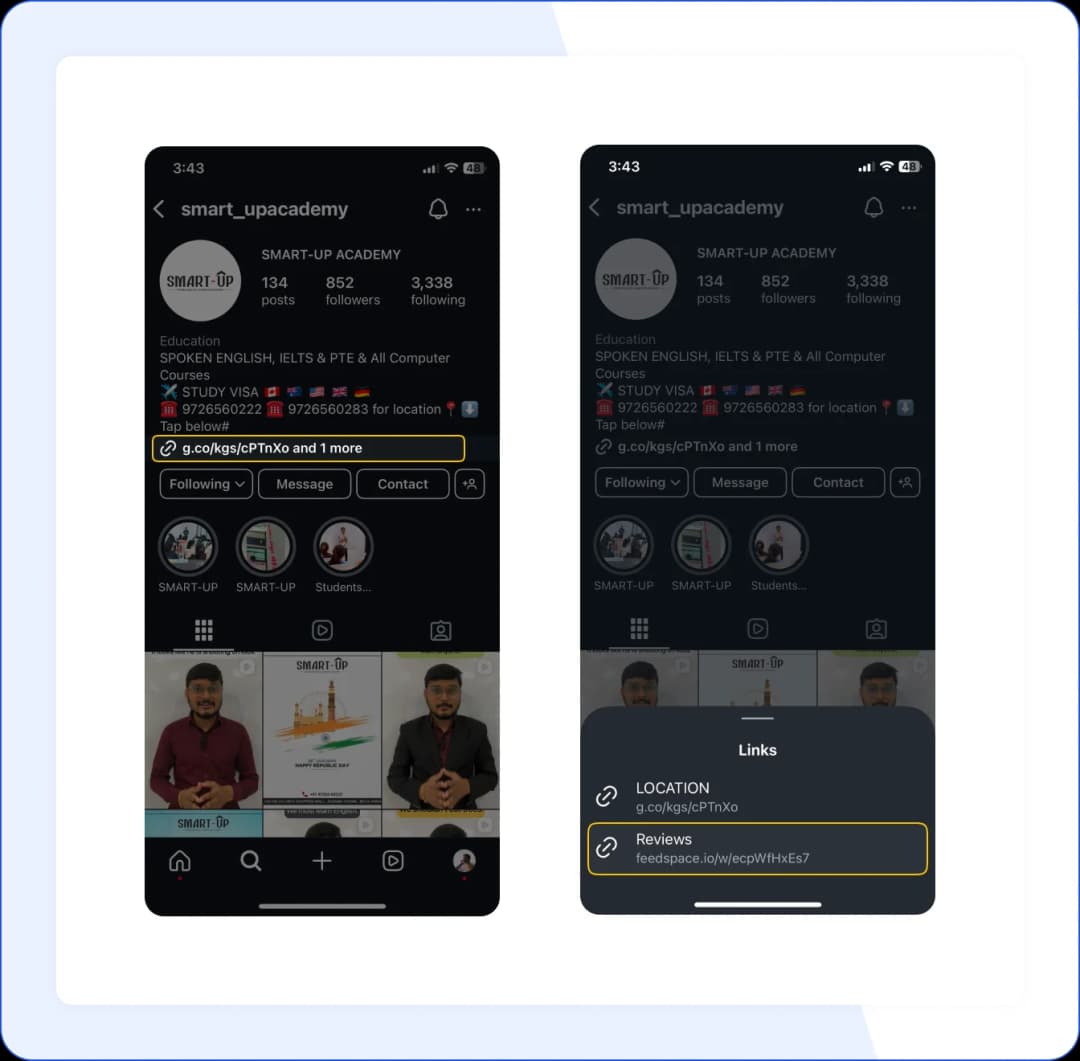 Smart Up Academy using Feedspace link in their Instagram bio for review collection