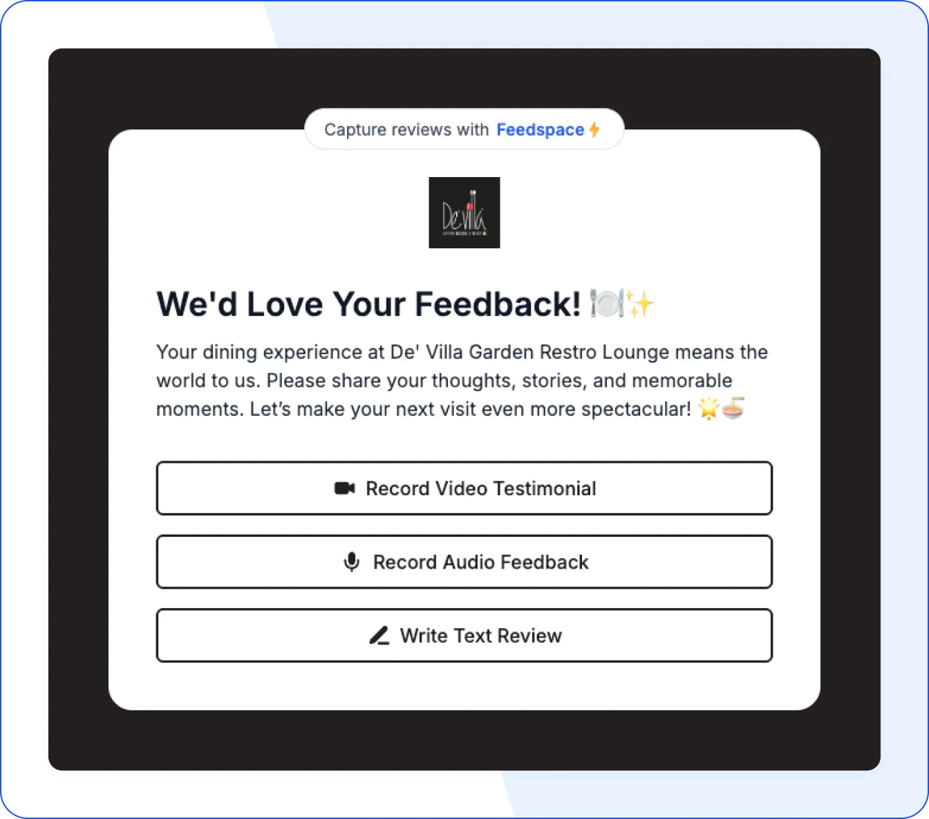 Dining Feedback Form – perfect for restaurants, cafes, and lounges collecting guest reviews.