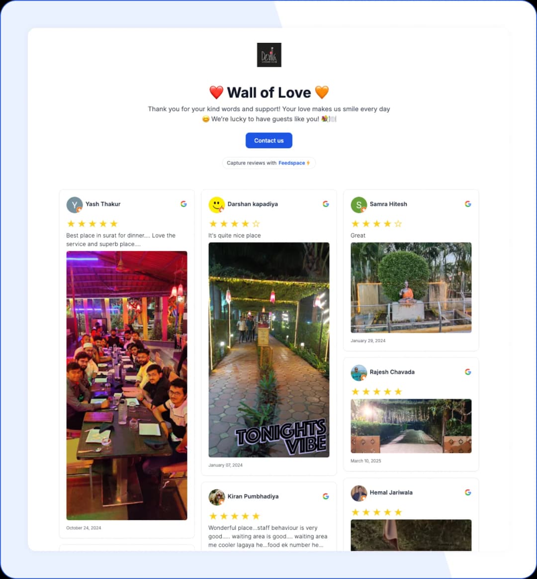 Customer testimonials displayed on the Wall of Love at De' Villa Garden Restro Lounge