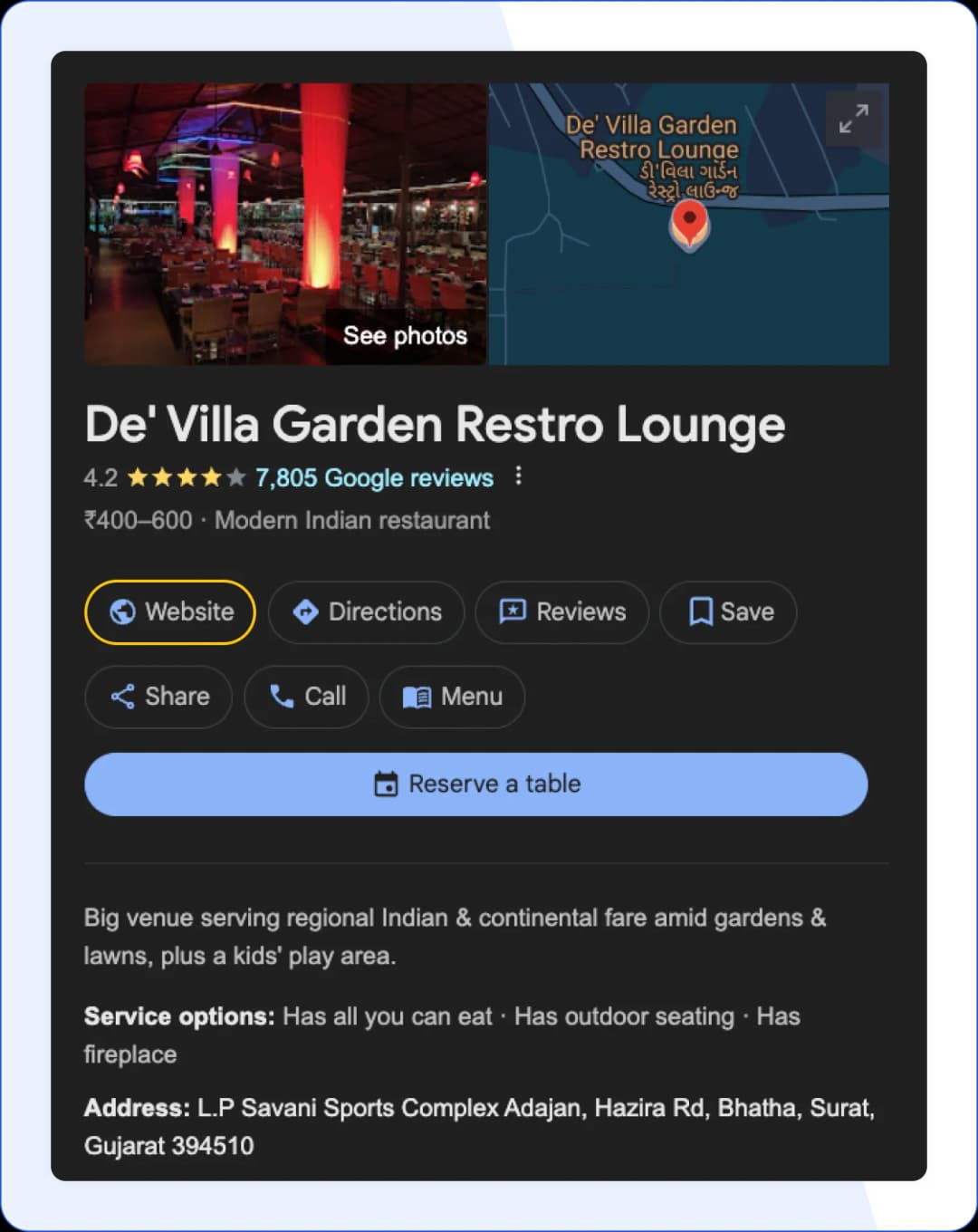 Customer Google reviews for De' Villa Garden Restro Lounge highlighting ambiance, food quality, and service experience