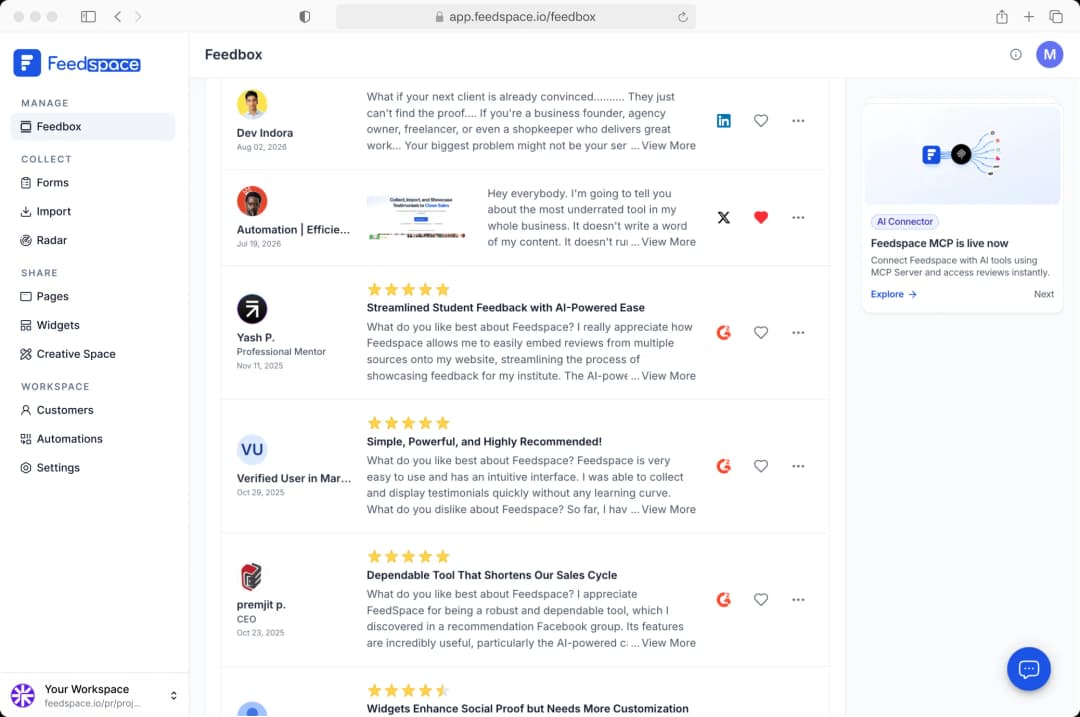 The Feedspace Feedbox with reviews from several platforms in one list