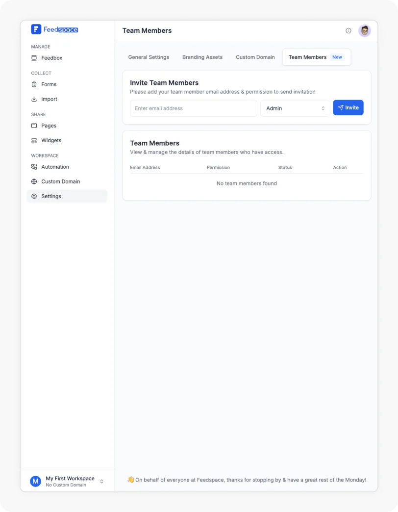 Go to Settings and click on the Team Members tab