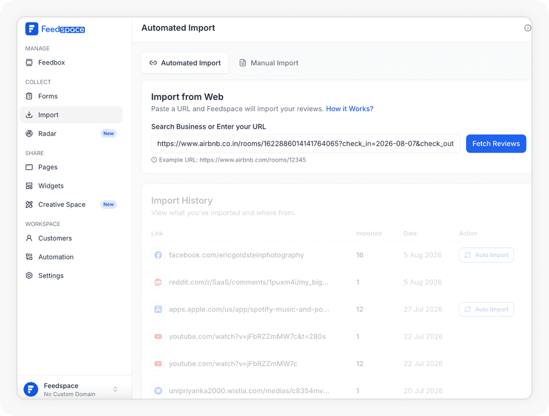 Adding the Airbnb URL to import reviews into Feedspace