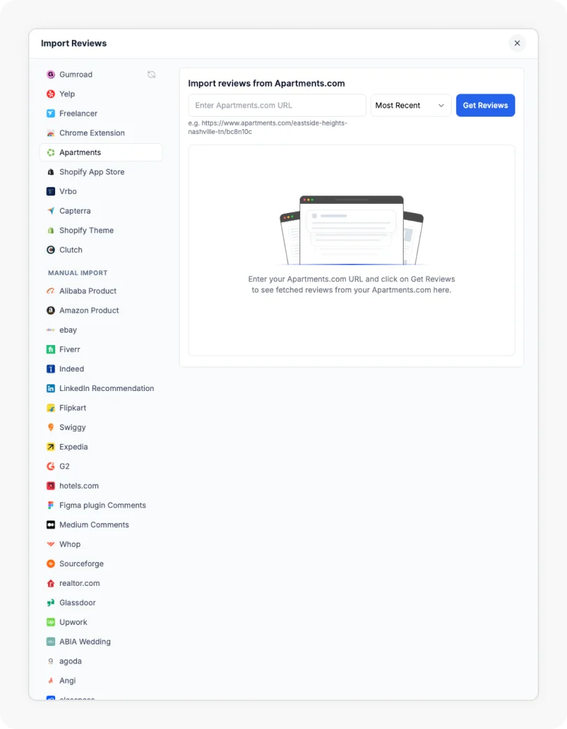 Go to the Import section and enter your Yelp URL
