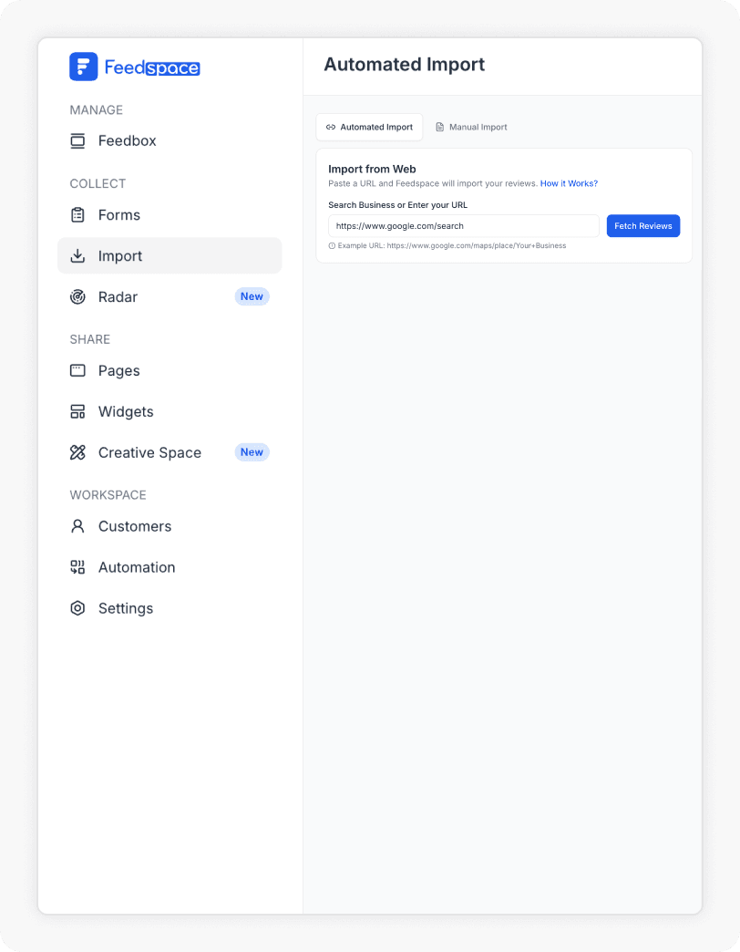 Adding the Google Business Profile URL to import reviews into Feedspace