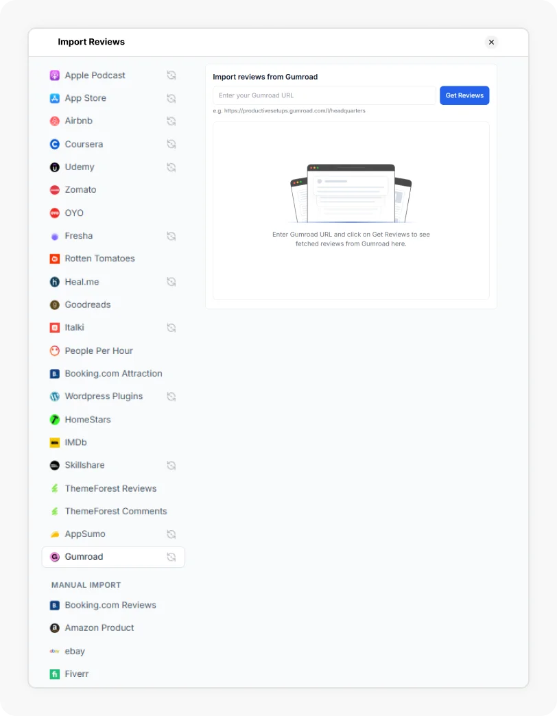 Gumroad Option selected to Import reviews from Gumroad