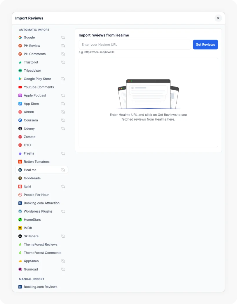 Heal.me Option selected to Import reviews from Heal.me