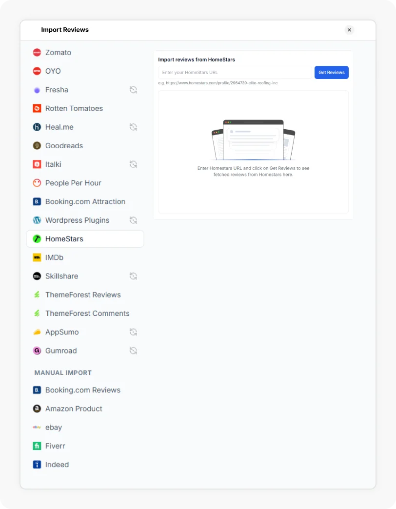 Homestars Option selected to Import reviews from Homestars