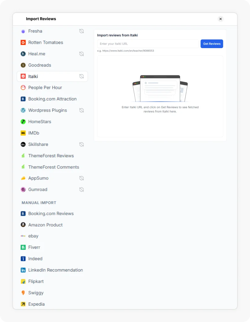 Italki Option selected to Import reviews from Italki