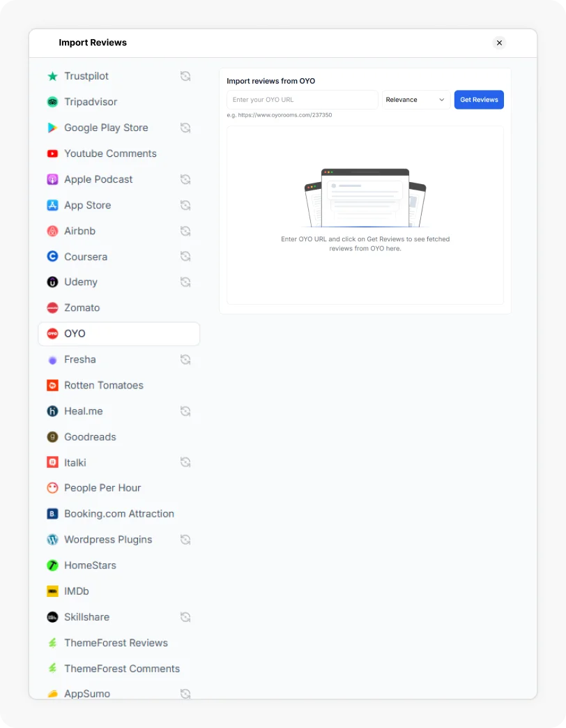 OYO Option selected to Import reviews from OYO