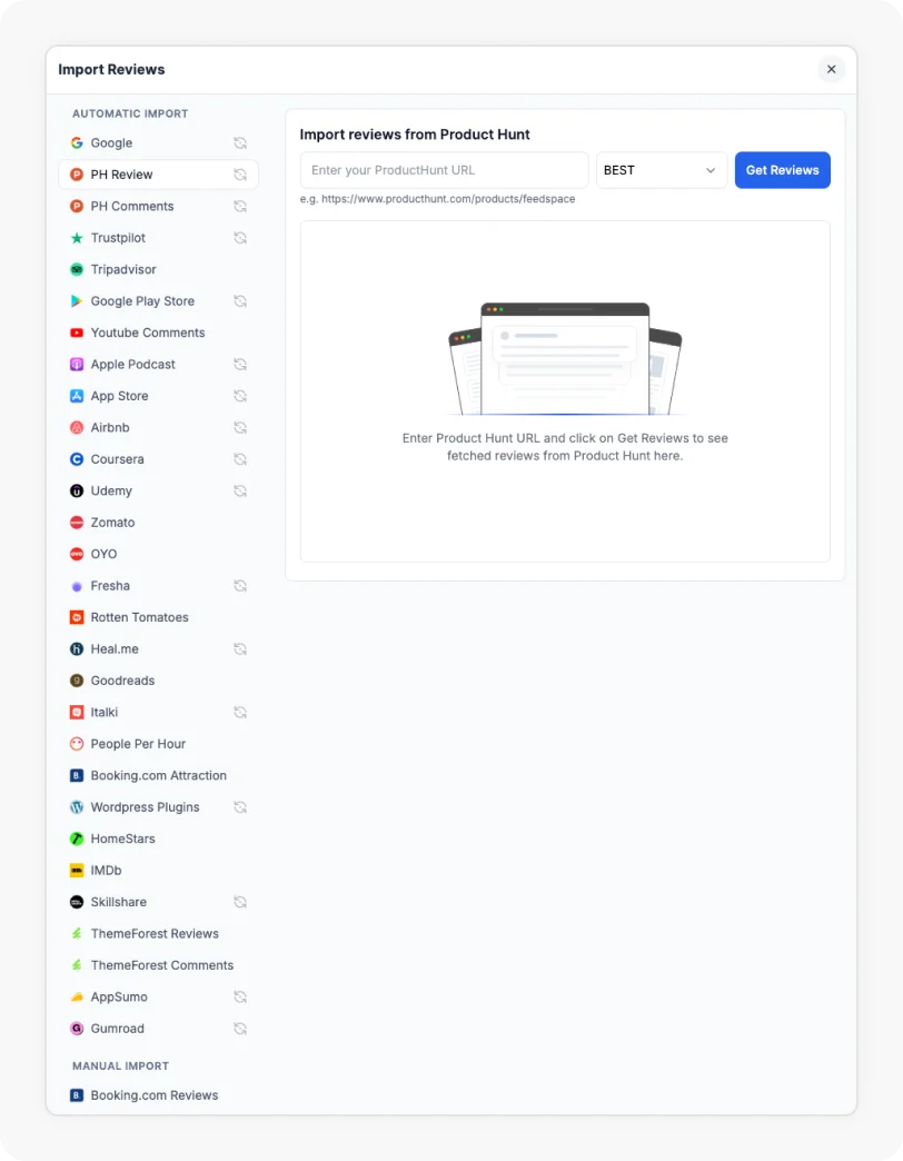 Product Hunt Option selected to Import reviews from Product Hunt