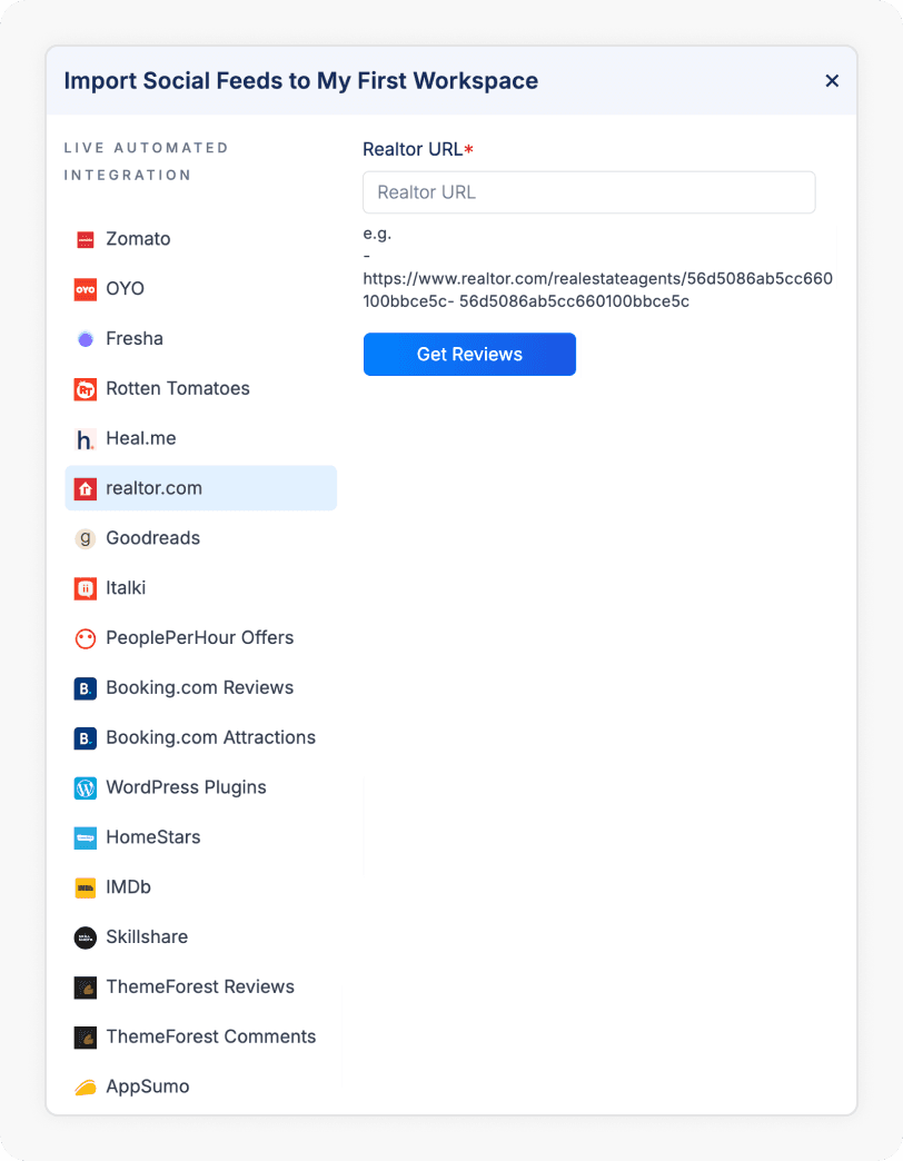Realtor Option selected to Import reviews from Realtor