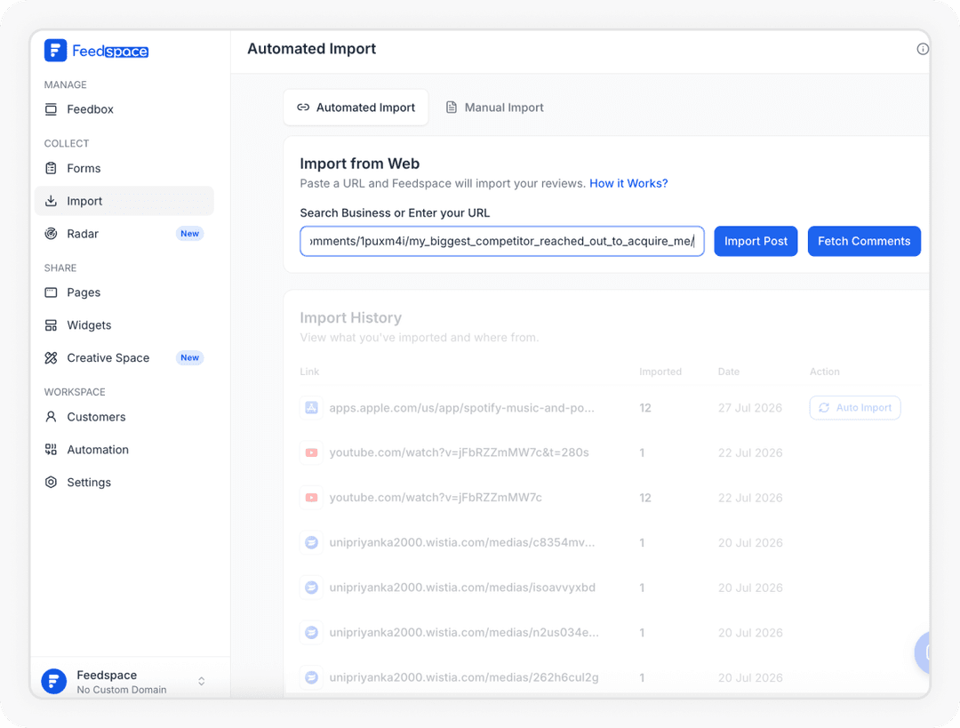 Adding the Reddit Posts URL to import reviews into Feedspace
