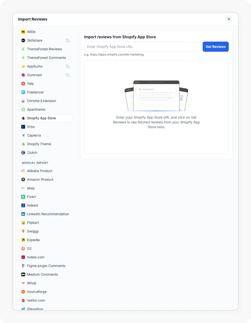 Go to the Import section and enter your Shopify App Store URL