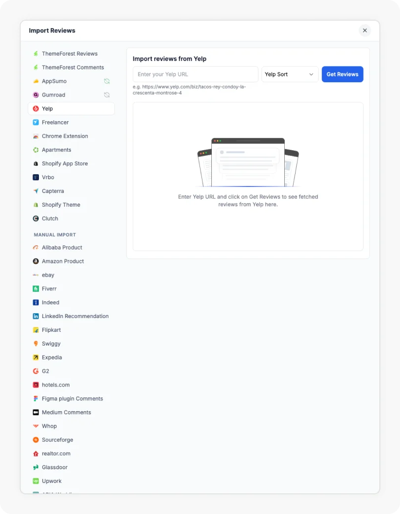 Go to the Import section and enter your Yelp URL