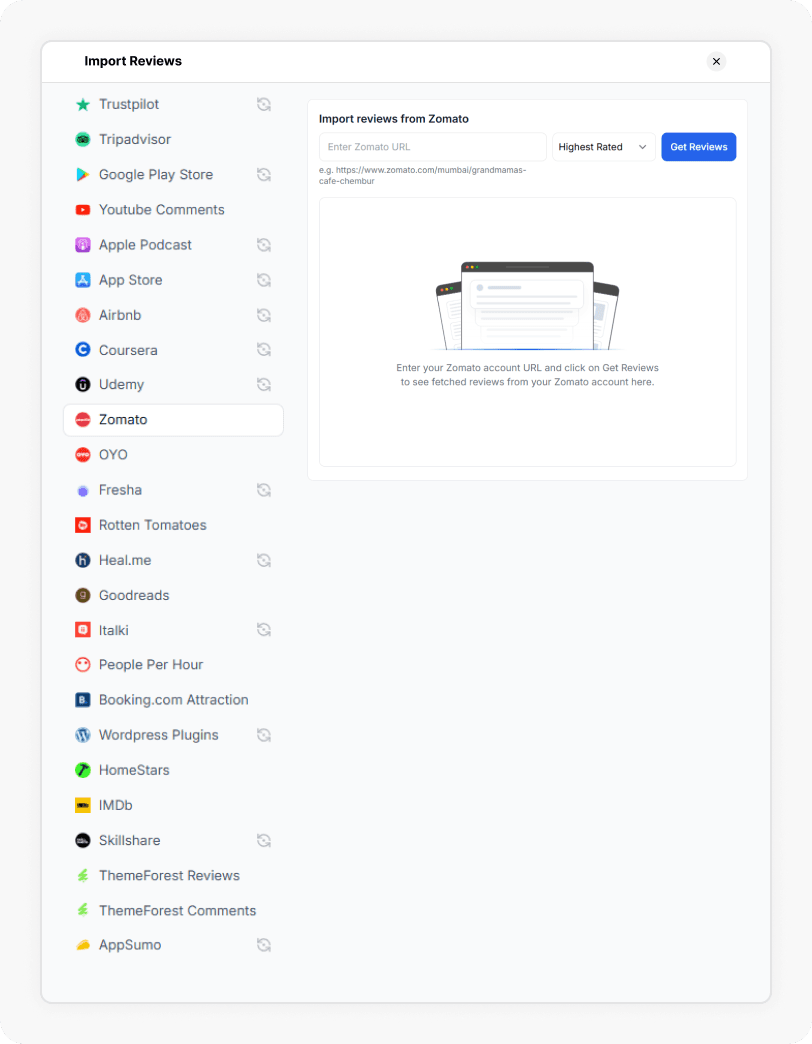Zomato option selected to Import Reviews from Zomato