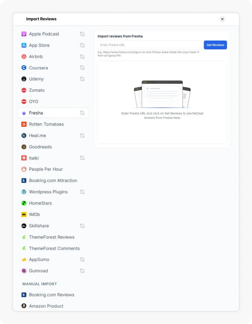 Fresha Option selected to Import reviews from Fresha