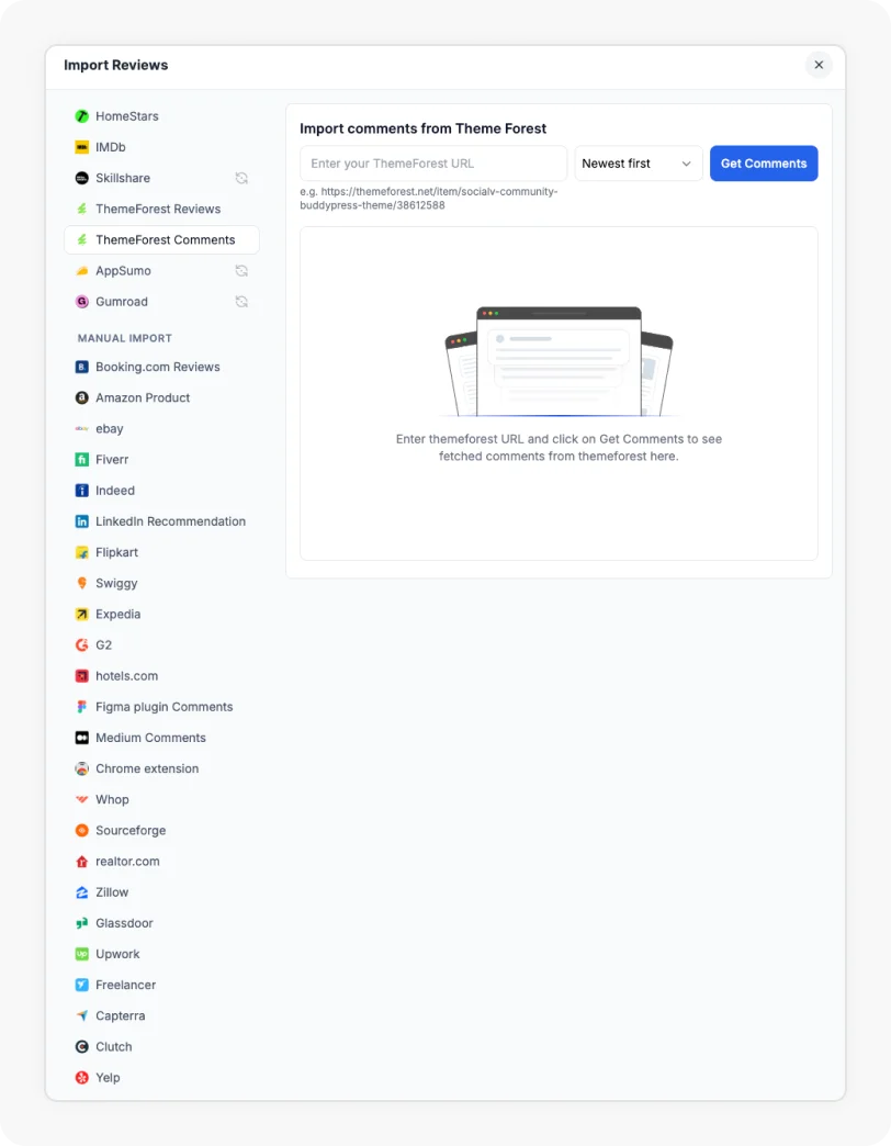 Themeforest Comments Option selected to Import comments from Themeforest