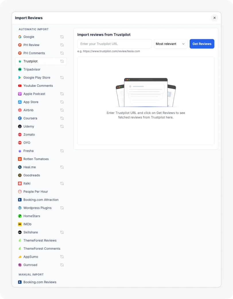 Trustpilot's Option selected to Import Reviews from Trustpilot