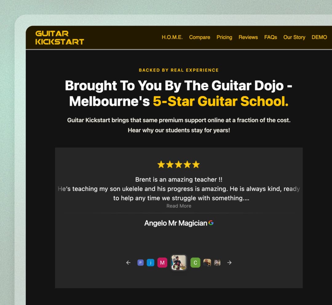 Guitar Kickstart website using Feedspace widgets