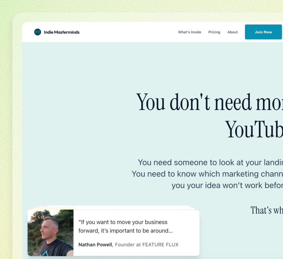Indie Masterminds website using Feedspace widgets