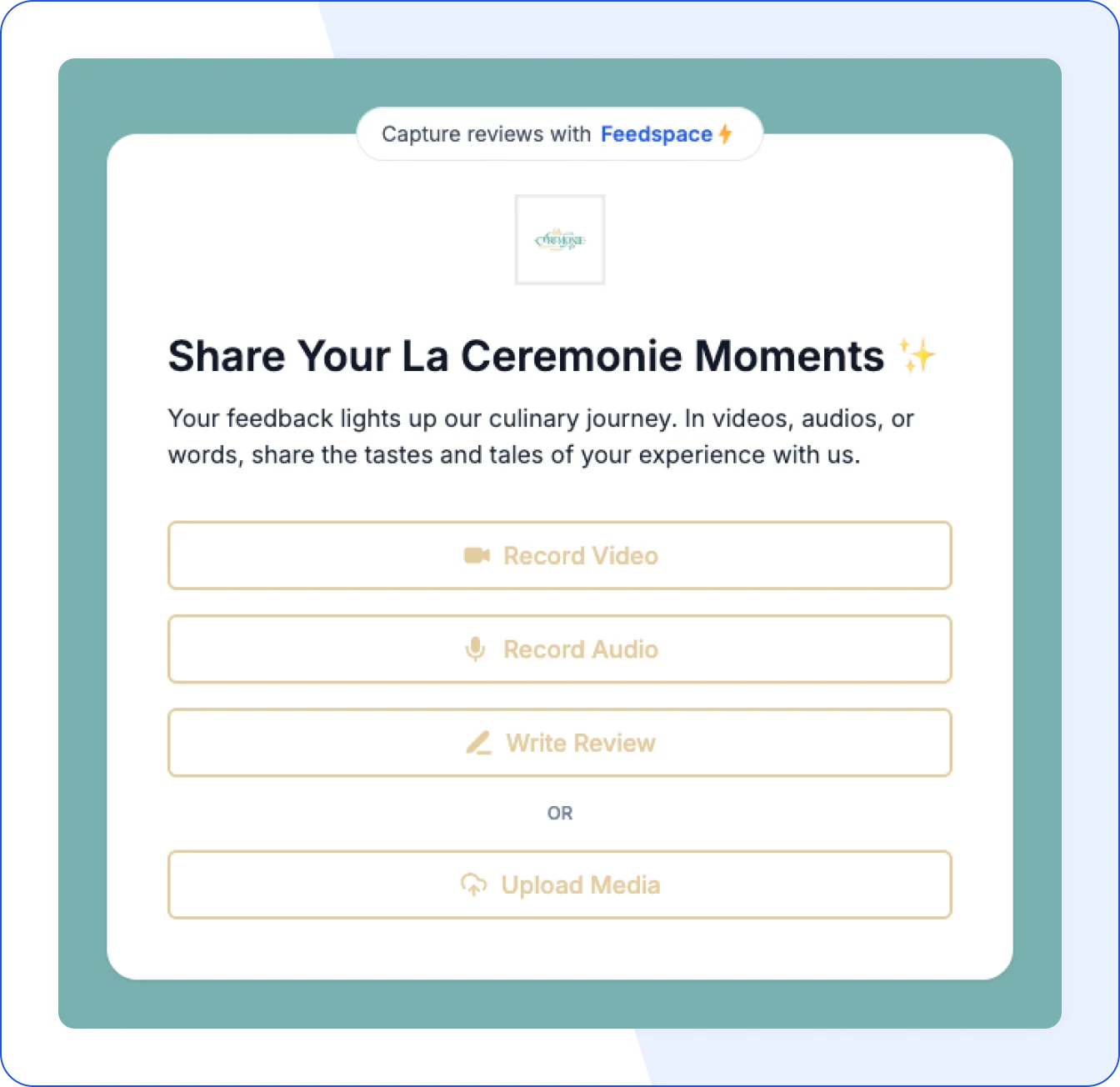 Feedspace setup of review collection and Wall of Love at La Ceremonie