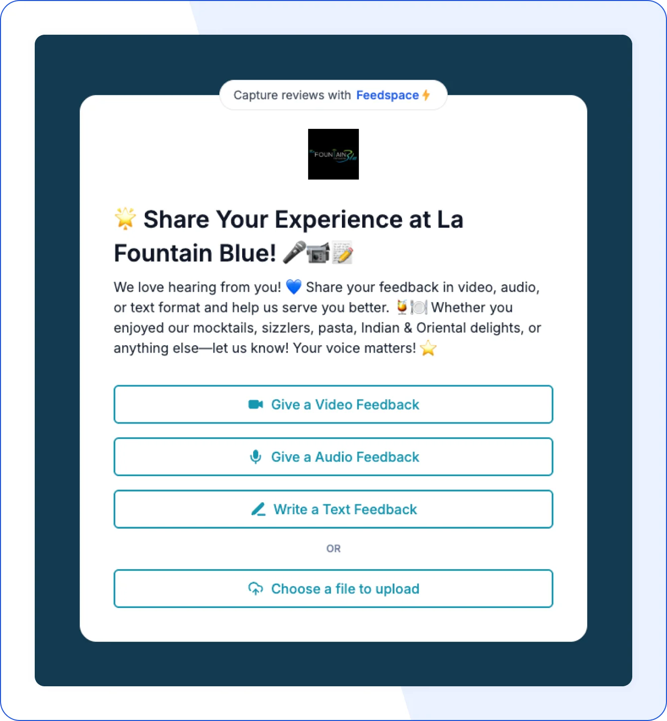 Restaurant review form used by La Fountain Blu to collect customer feedback
