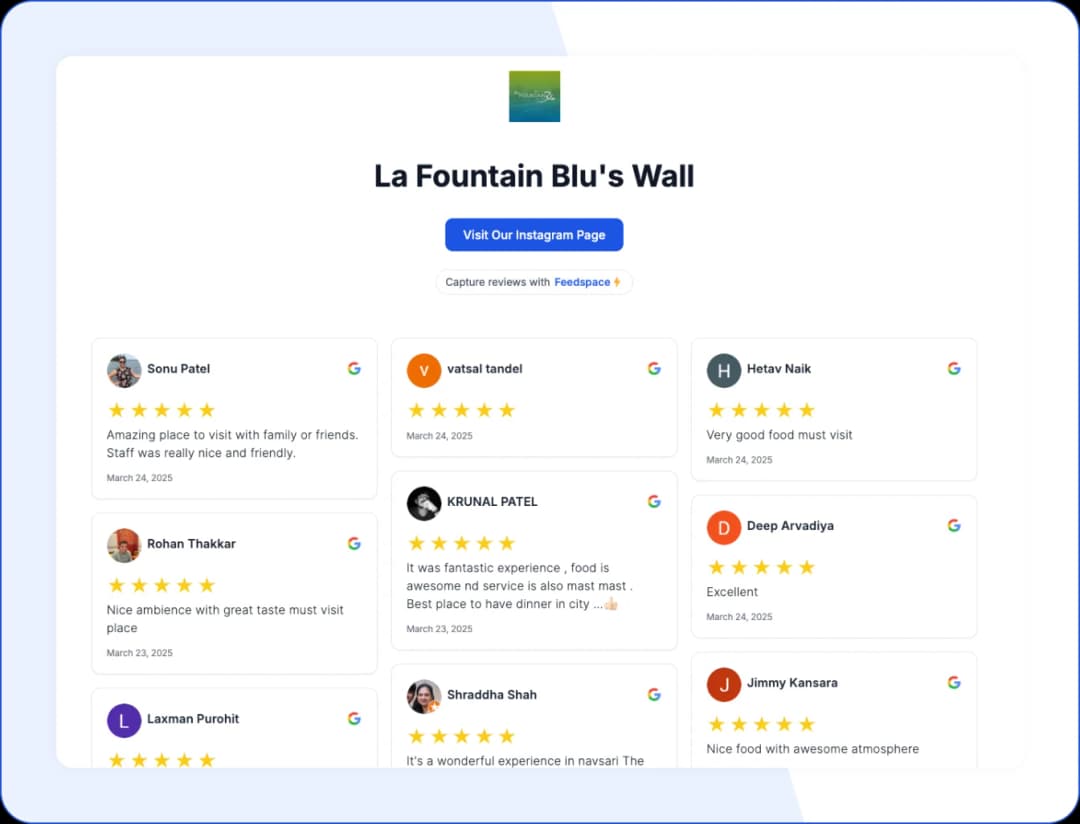 Customer reviews displayed on La Fountain Blu’s Wall of Love using Feedspace