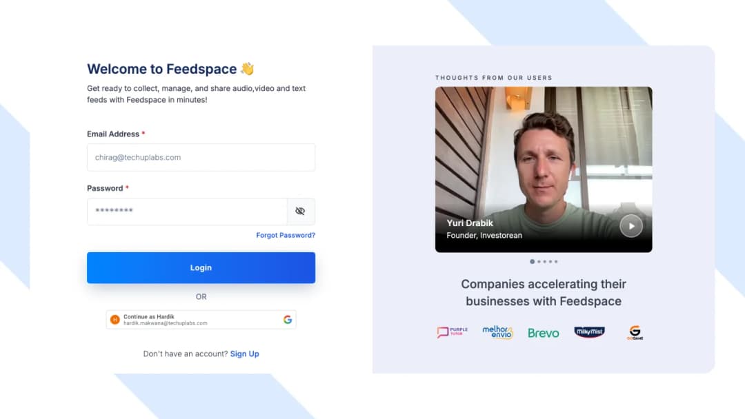 Login page for Feedspace