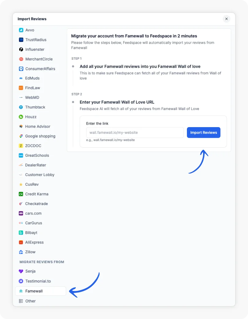 Import your Famewall Wall of Love to Feedspace