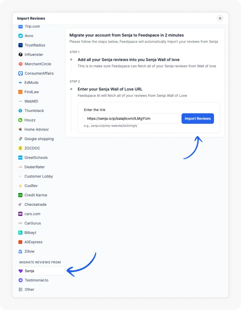 Import your Senja Wall of Love to Feedspace