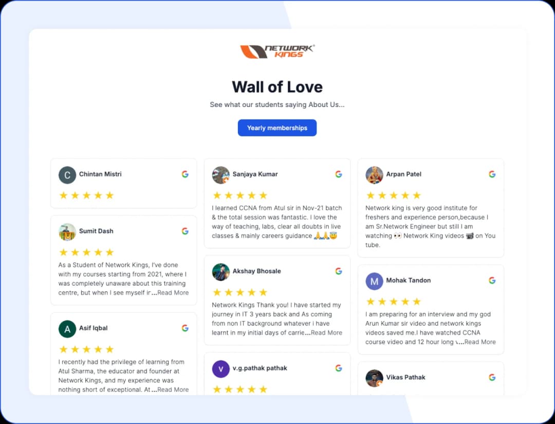 Wall of Love showcasing positive reviews from Network Kings students