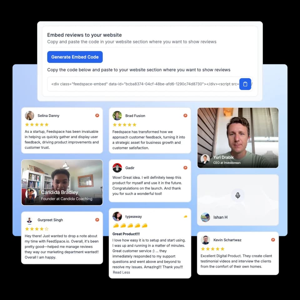 Display or share testimonials on your website or social media using Feedspace