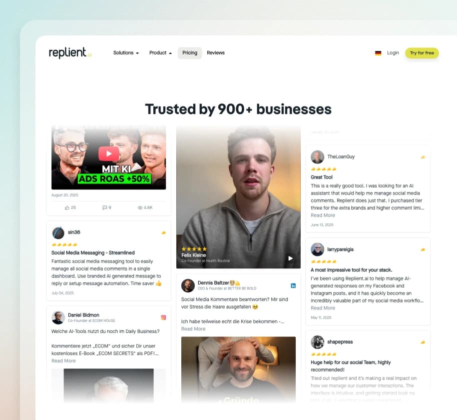 Replient.ai website using Feedspace widgets