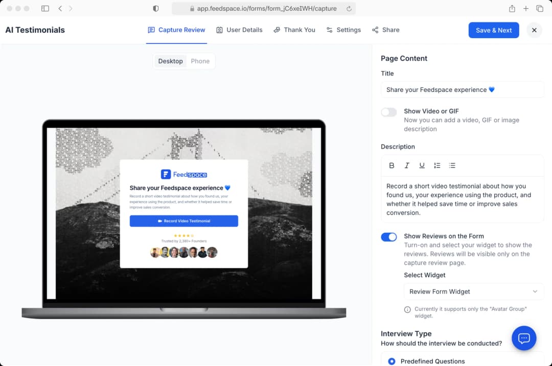 A Feedspace review collection form being edited