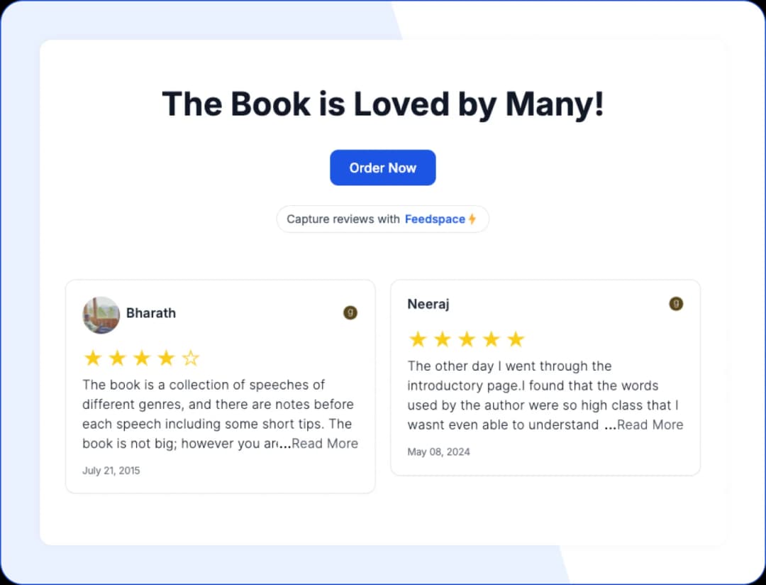 Customer book reviews showcased on a “Wall of Love” featuring star ratings and testimonials